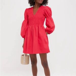 Pomander Place long sleeve smocked puff mini dress poplin cotton size SM new